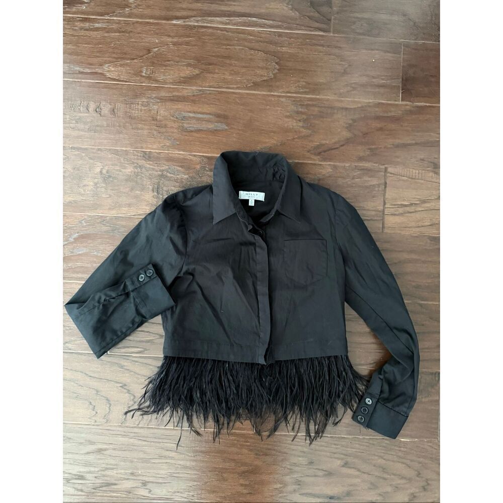 Milly Minis Black Ostrich Feather Button Down Shirt Girls 8